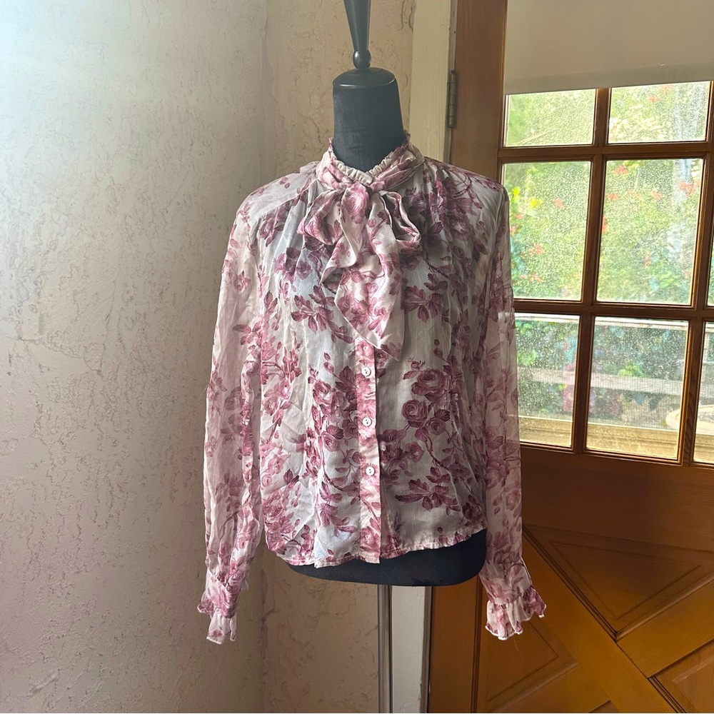 🦋 Eilly Bazar Sheer Floral Button Down Ruffle Sleeve High Neck Tie Blouse